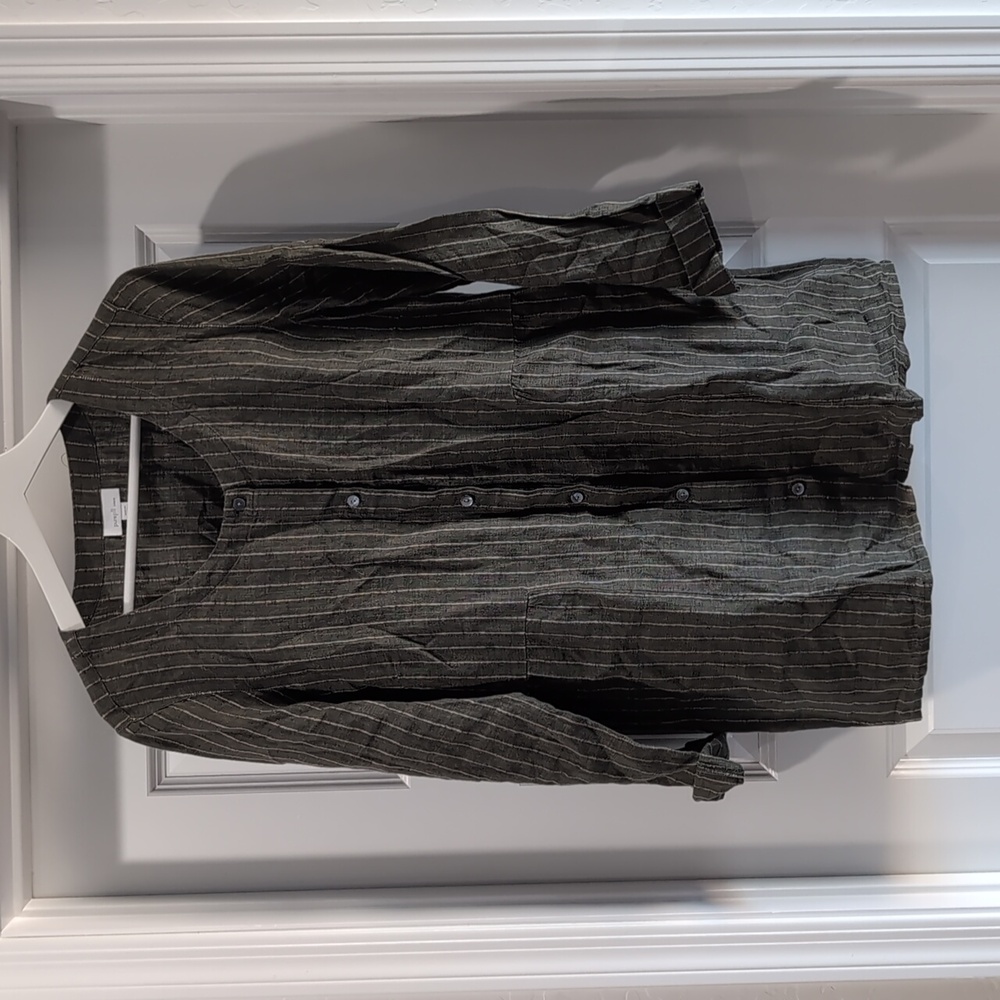 100% Linen PureJill Button Up Pocket Tunic Green Pinstripe Lagenlook Oversized M